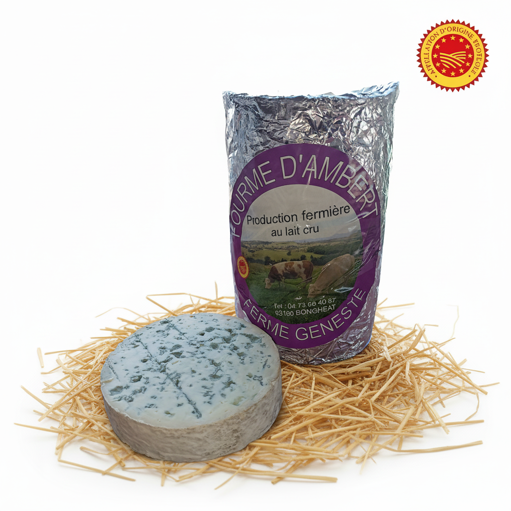 Fourme d'Ambert Ferme Geneste étiquette originale fond blanc paille
