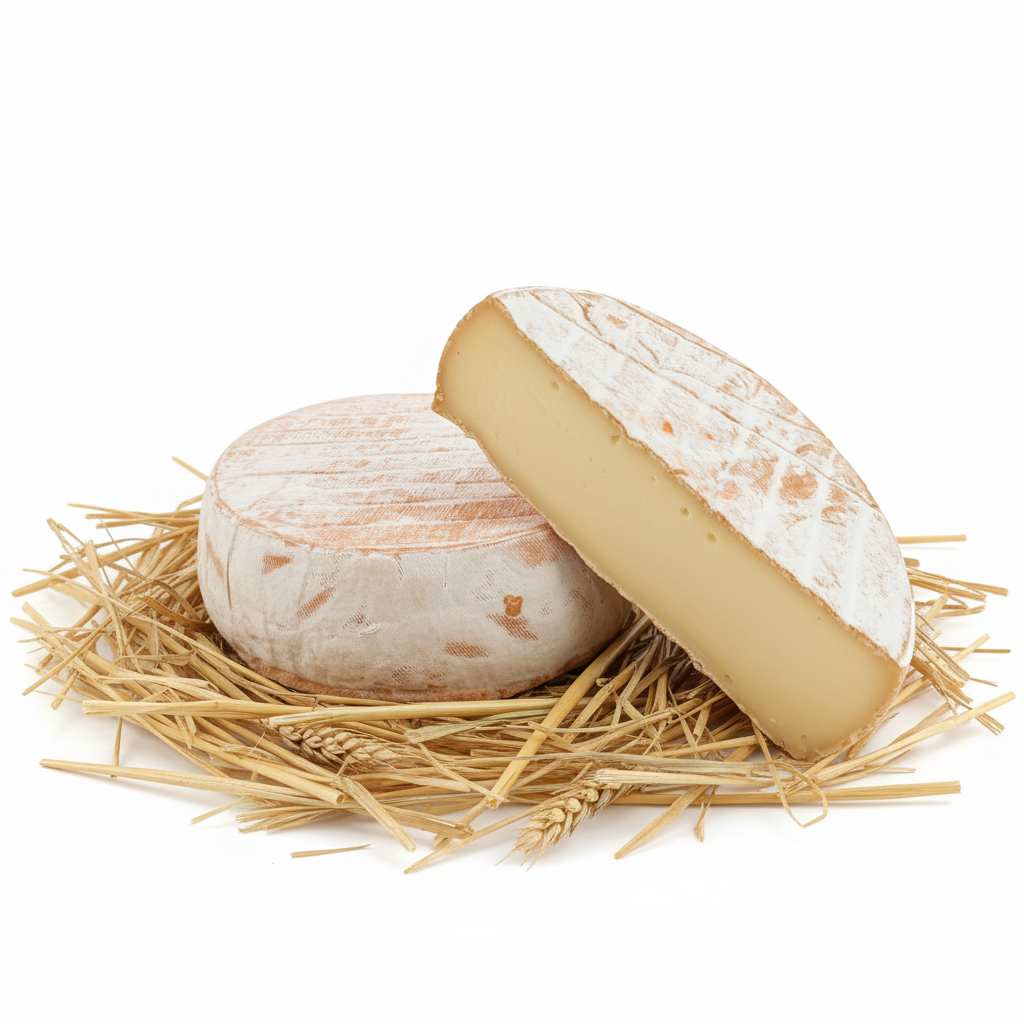 Le Pavin, fromage au lait pasteurisé d'Auvergne, meule et tranche sur fond blanc avec paille