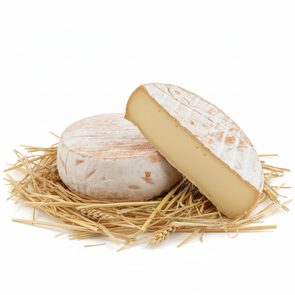 Le Pavin, fromage au lait pasteurisé d'Auvergne, meule et tranche sur fond blanc avec paille