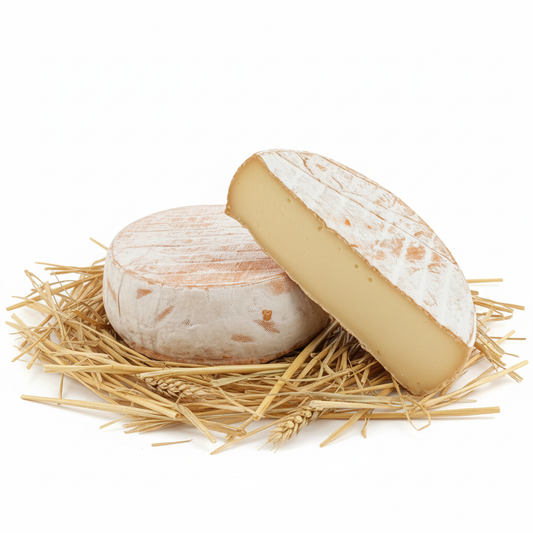 Le Pavin, fromage au lait pasteurisé d'Auvergne, meule et tranche sur fond blanc avec paille