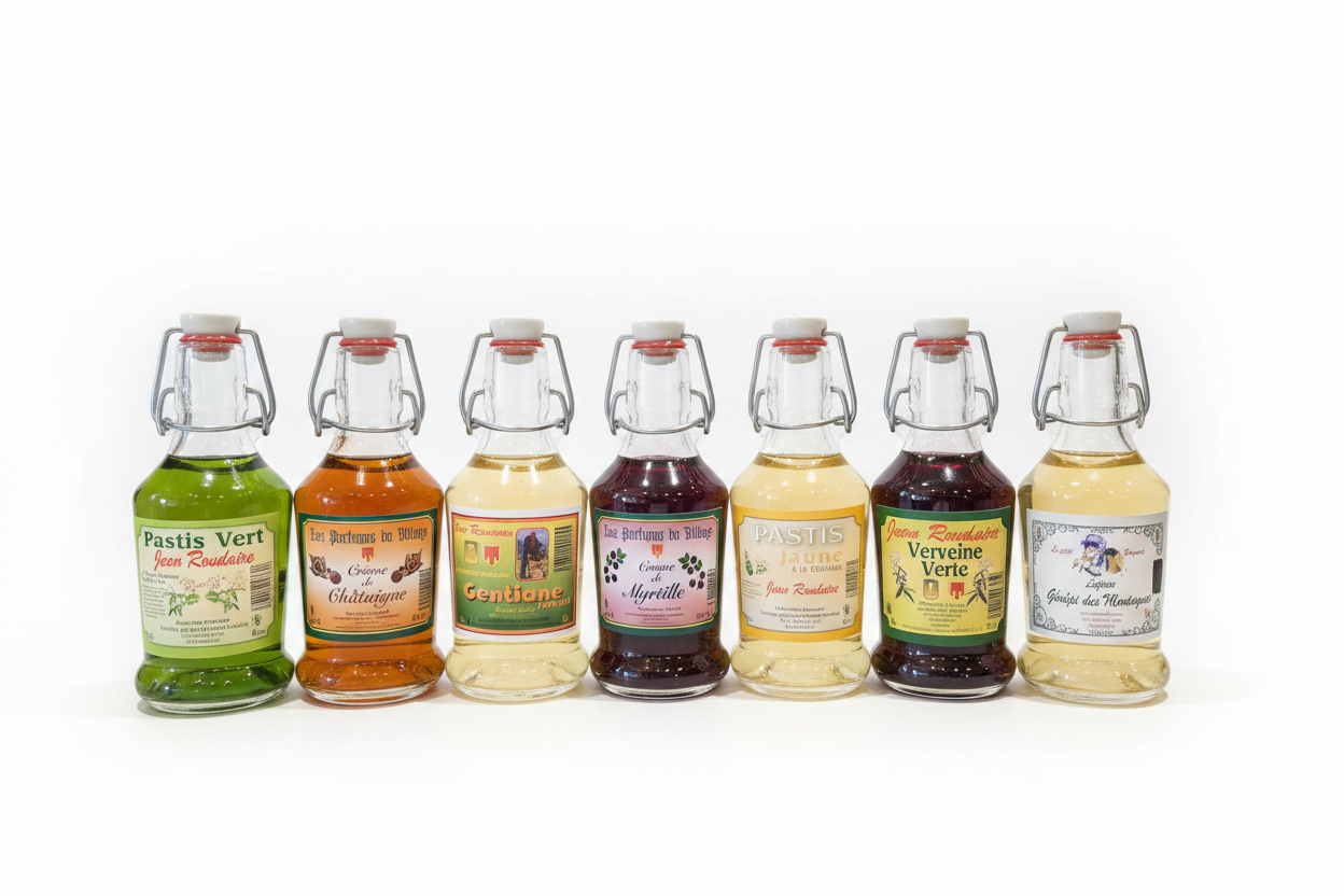 Liqueurs artisanales sur fond blanc